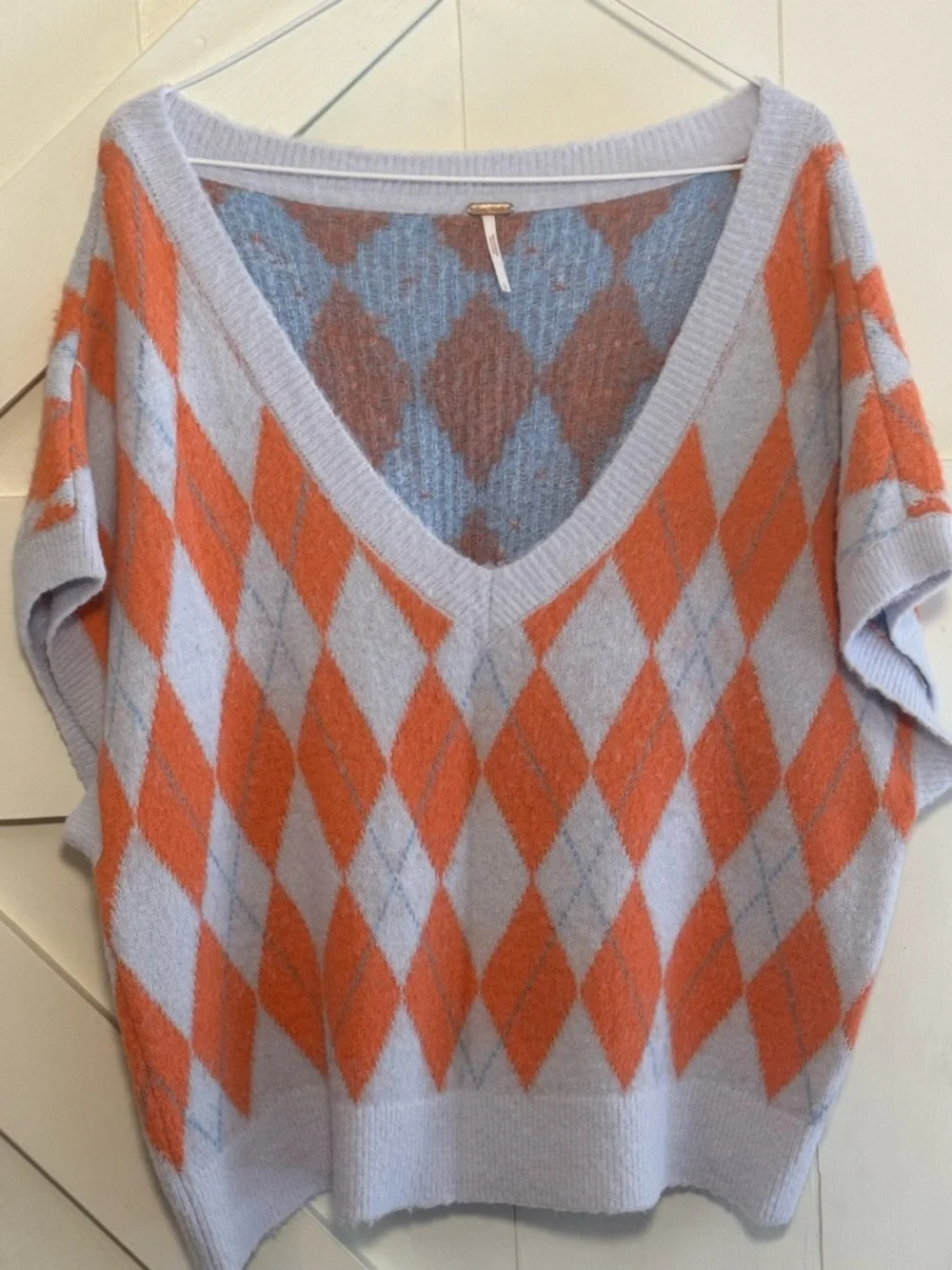 Free People Large Argyle Sweater Vest V-Neck Oversized Fuzzy Knit Orange Gray